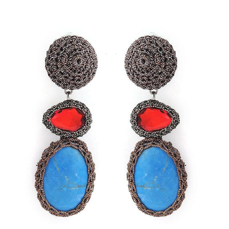 Wholesale Crochet Turquois And Crystal Siam Drop Statement Handmade Earrings Custom Bijoux